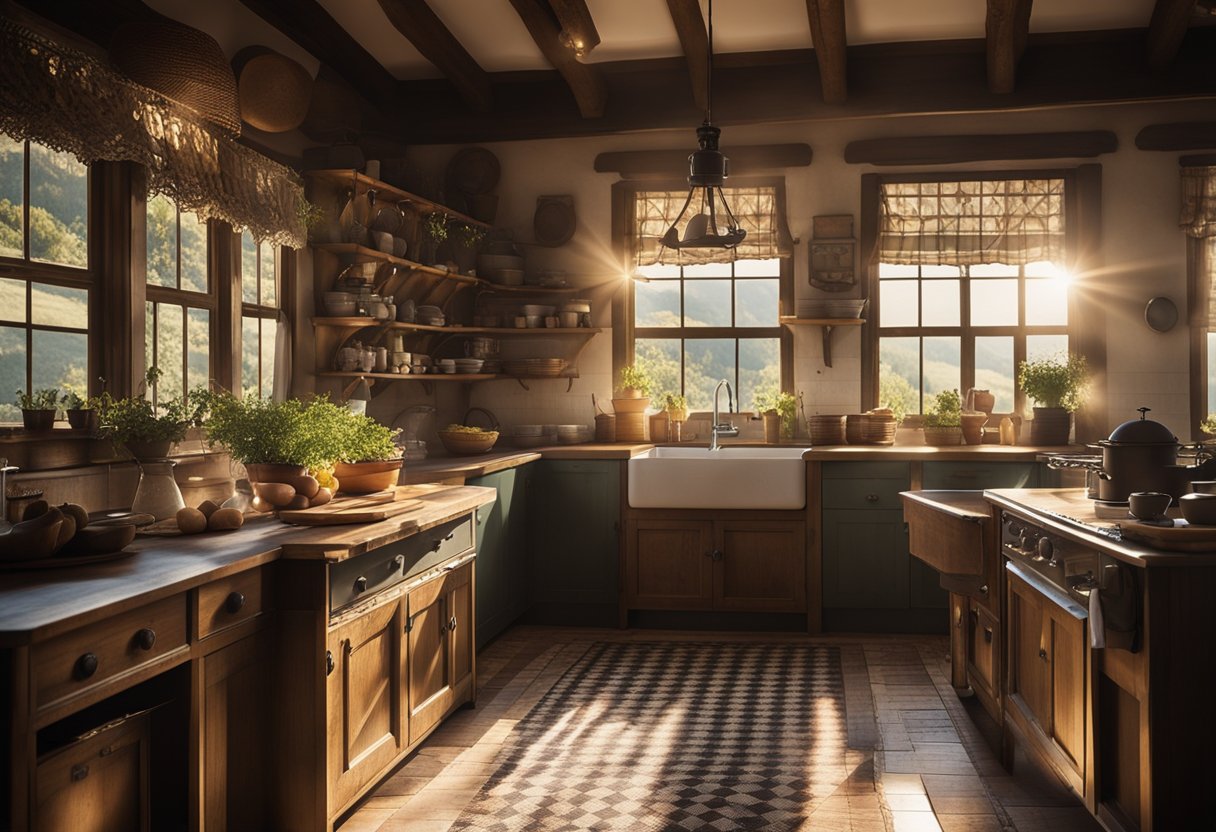 A cozy country kitchen with rustic wooden cabinets, a farmhouse sink, and a vintage stove. Sunlight streams in through lace curtains, illuminating the checkered floor and a table set for a family meal