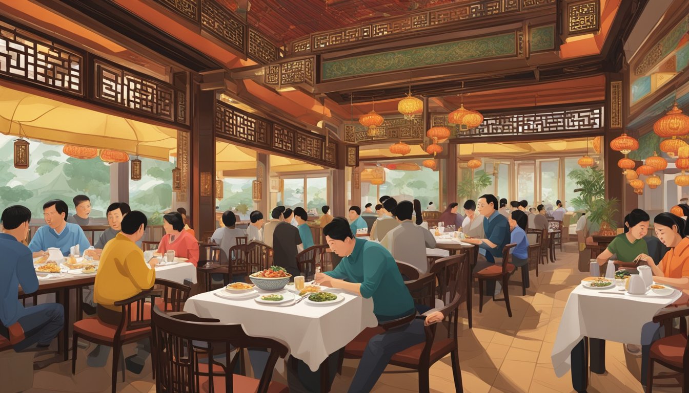 The bustling Ban Heng restaurant, filled with diners enjoying traditional Chinese cuisine amidst ornate decor and lively ambiance