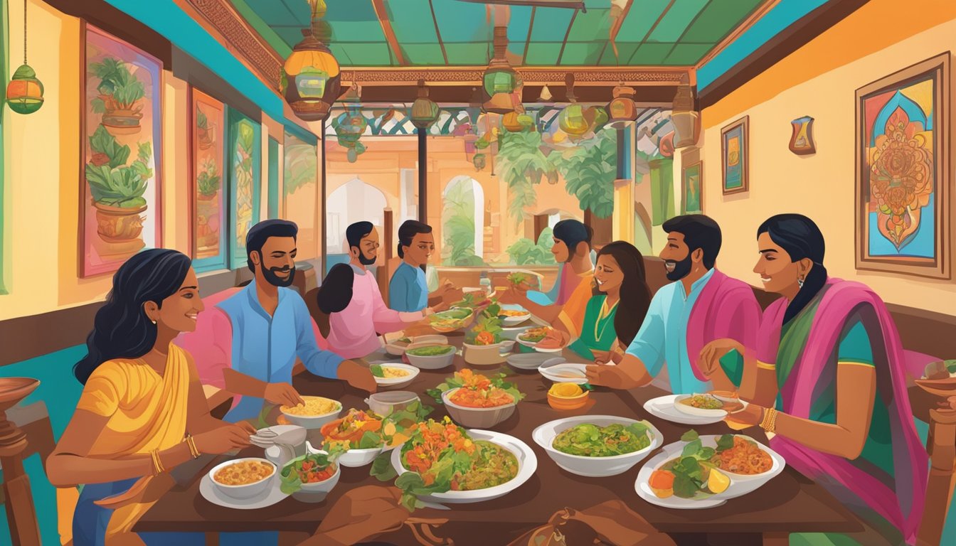 Customers enjoying a vegetarian meal at Annalakshmi restaurant. Tables set with colorful dishes and vibrant decor