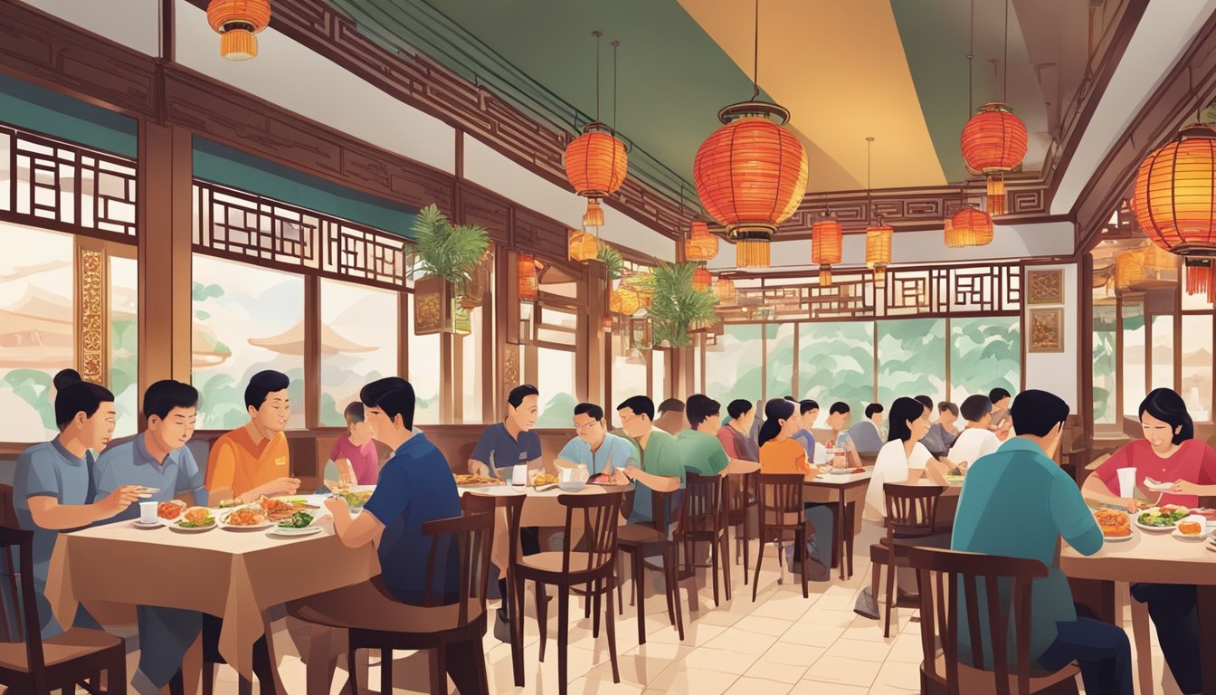 Customers enjoying a variety of traditional Chinese dishes in a bustling and vibrant restaurant setting in Singapore