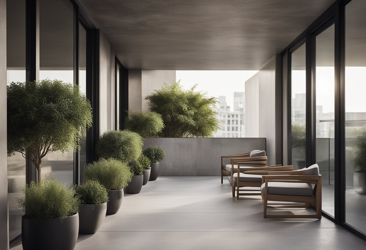 A concrete balcony with modern styling and finishing touches. Clean lines, minimalist furniture, and potted plants add to the sleek design