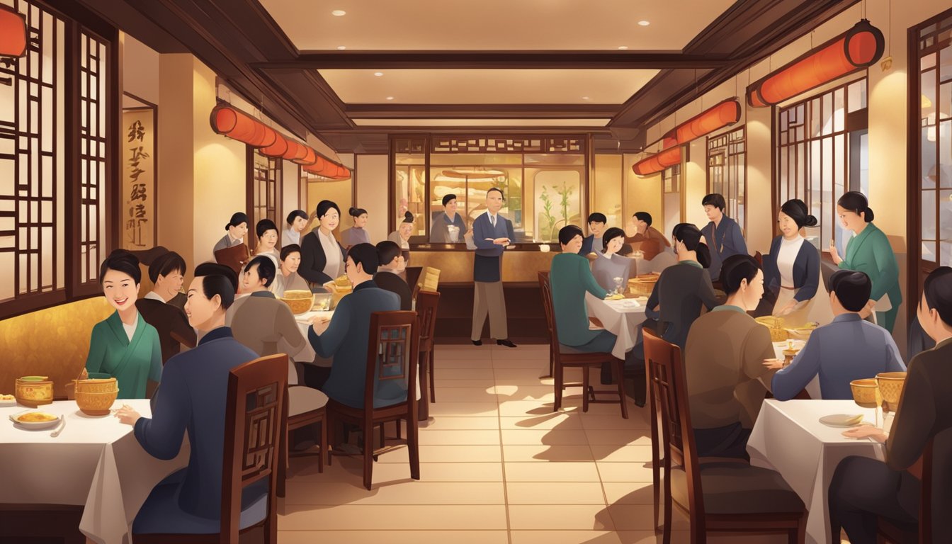 A bustling Chinese restaurant with elegant decor, warm lighting, and attentive staff serving customers with a smile