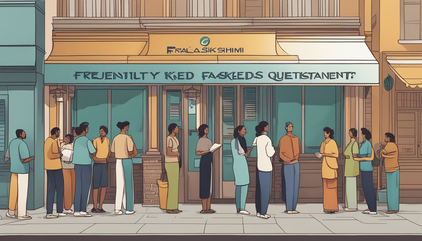 Customers lining up outside Annalakshmi restaurant, reading a sign with "Frequently Asked Questions" on it