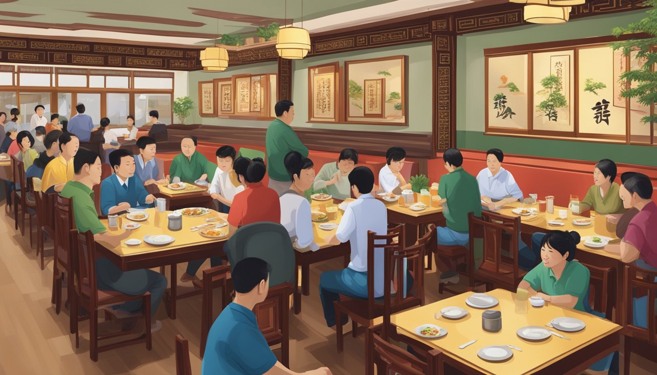 The bustling atmosphere of Jia He Chinese Restaurant, with customers enjoying their meals and staff attending to their needs