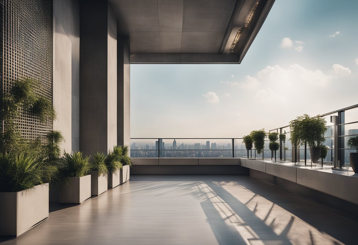 A modern concrete balcony with sleek lines and geometric patterns, surrounded by potted plants and overlooking a city skyline
