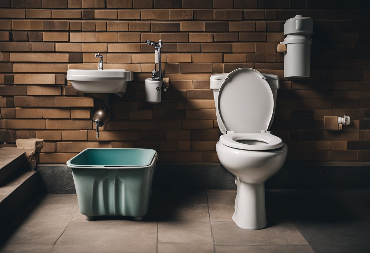 A squat toilet with a ceramic bowl, metal footrests, and a small water bucket next to it