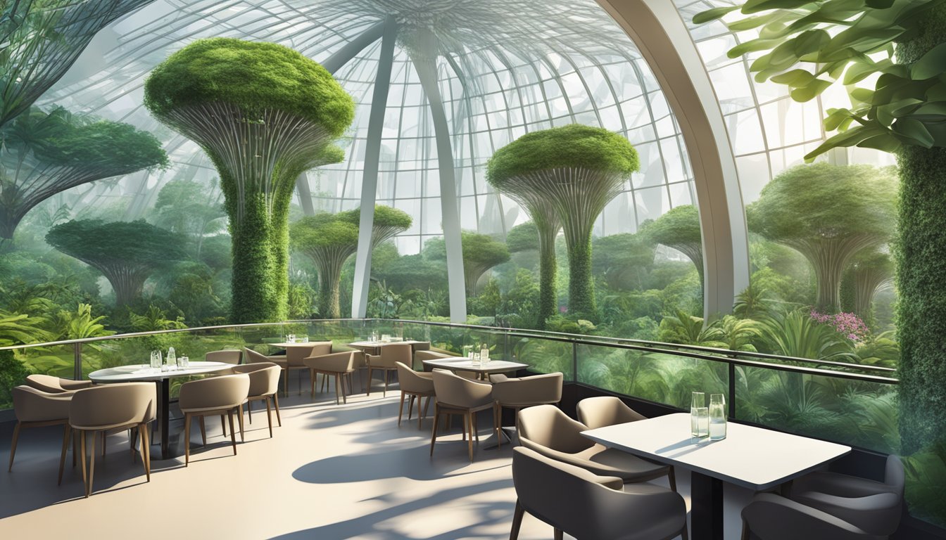 Lush greenery surrounds a modern glass restaurant in Gardens by the Bay, with the iconic Supertree Grove towering in the background