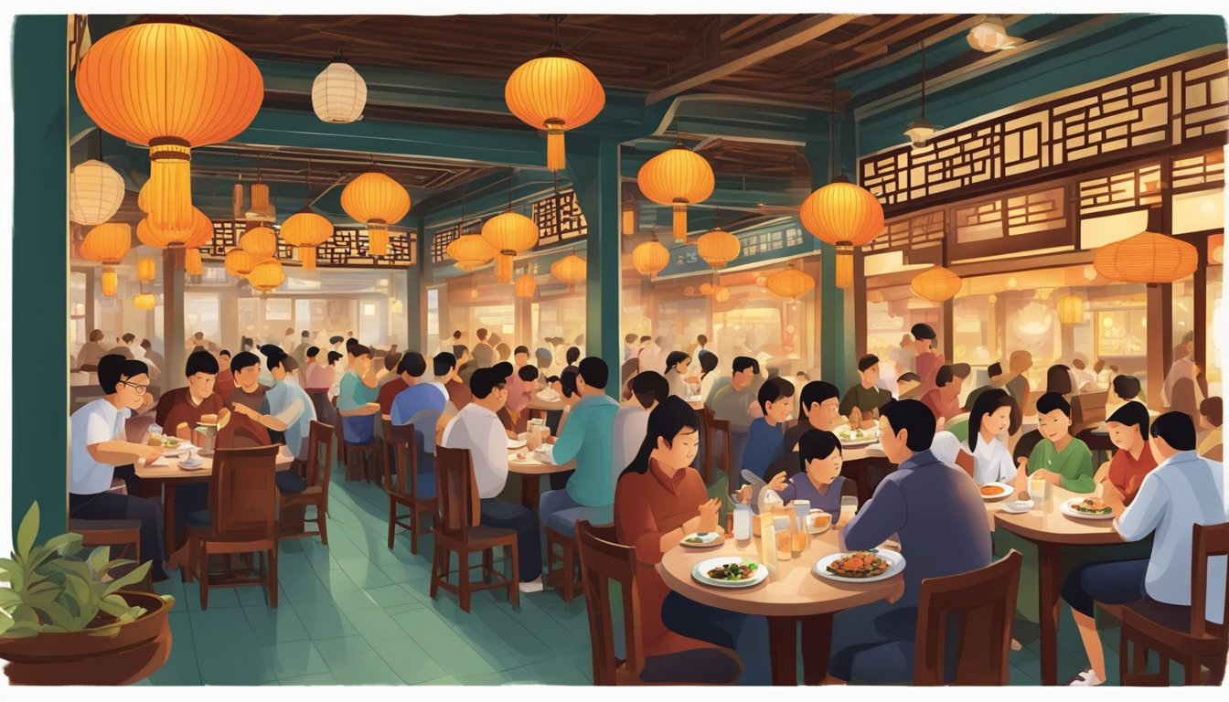 The bustling interior of Ban Heng restaurant, filled with diners enjoying their meals amidst the warm glow of hanging lanterns and the aroma of sizzling dishes