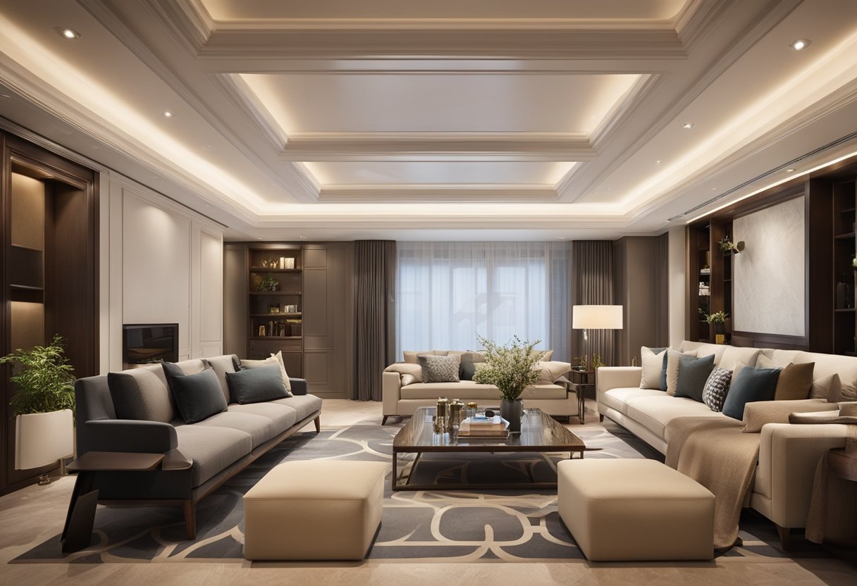 The small living room has a coffered ceiling with intricate geometric patterns and recessed lighting, creating a sense of depth and elegance