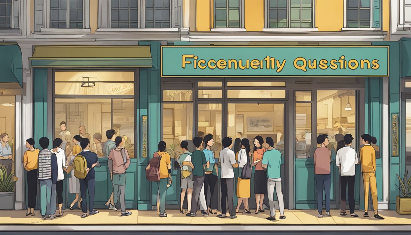 Customers lining up outside Fico restaurant in Singapore, with a sign displaying "Frequently Asked Questions" prominently on the front door