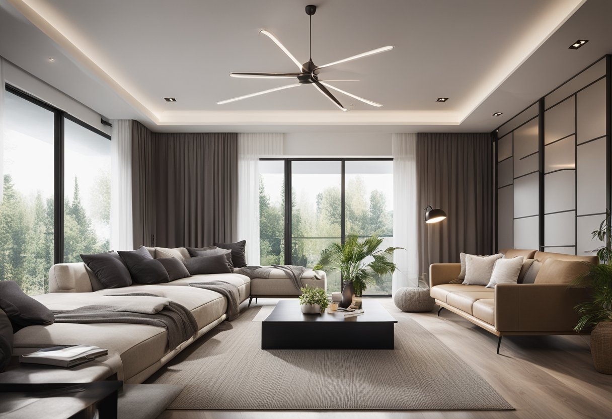 A small living room with a high ceiling, featuring a minimalist ceiling design to maximize space and create a modern, open feel