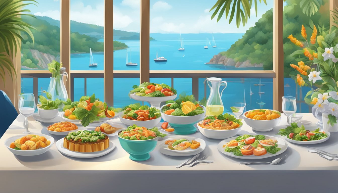 A table set with an array of colorful and delectable dishes, surrounded by lush greenery and a view of the bay