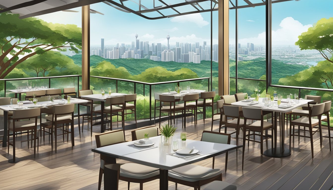 The Mount Faber restaurant overlooks a lush green hillside, with outdoor seating and a panoramic view of the city skyline