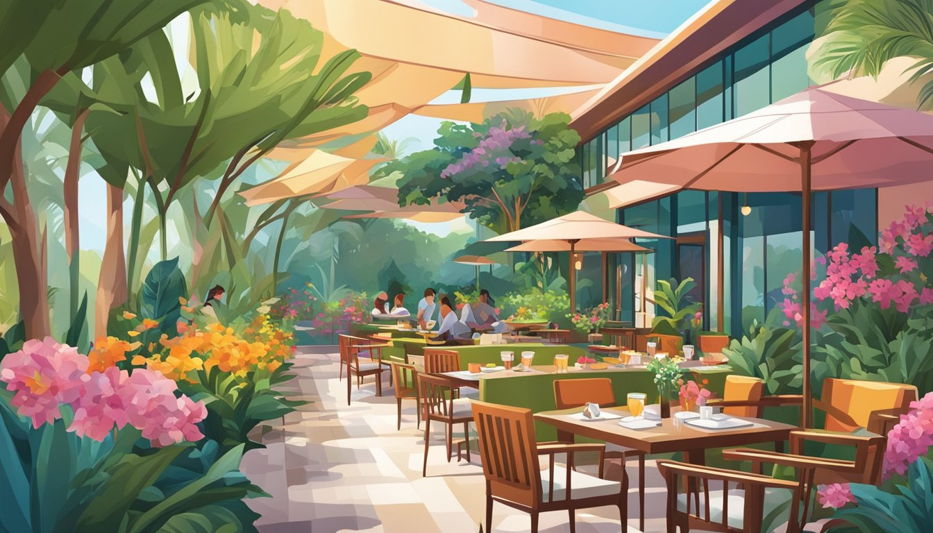 Colorful restaurant nestled within lush gardens, with vibrant flowers and exotic plants surrounding outdoor seating area. Modern architecture and unique design elements create a serene and inviting atmosphere