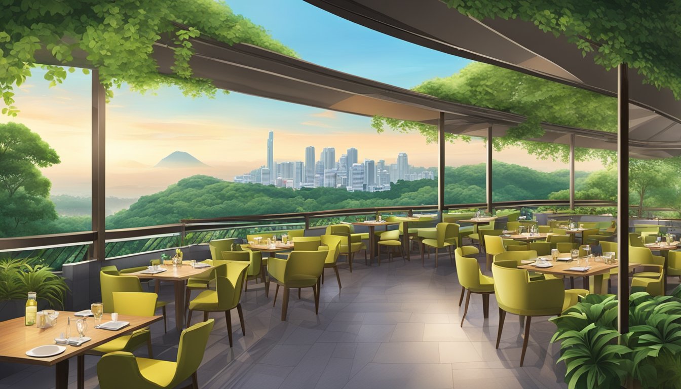 A panoramic view of Mount Faber, with a restaurant nestled among lush greenery and a breathtaking cityscape in the background