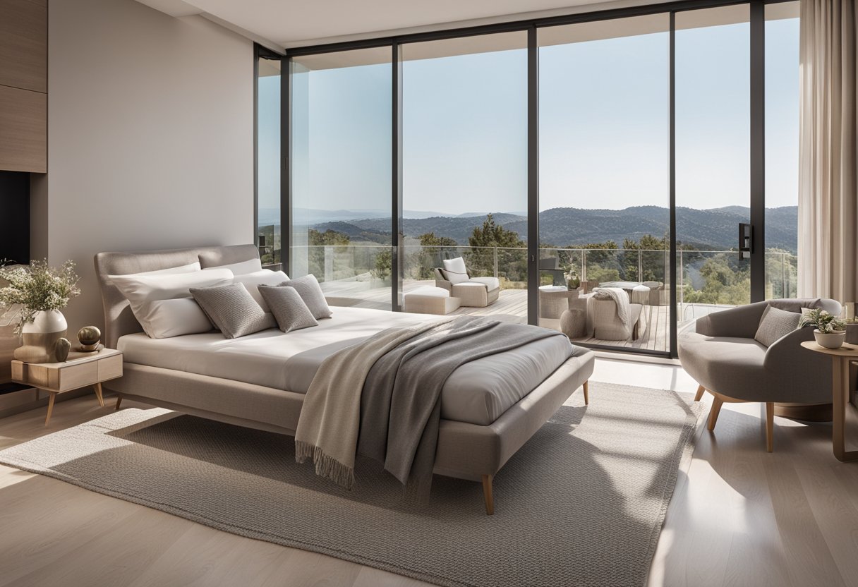 A spacious bedroom with a large balcony overlooking a serene landscape. The room is decorated with modern furniture and soft, neutral colors