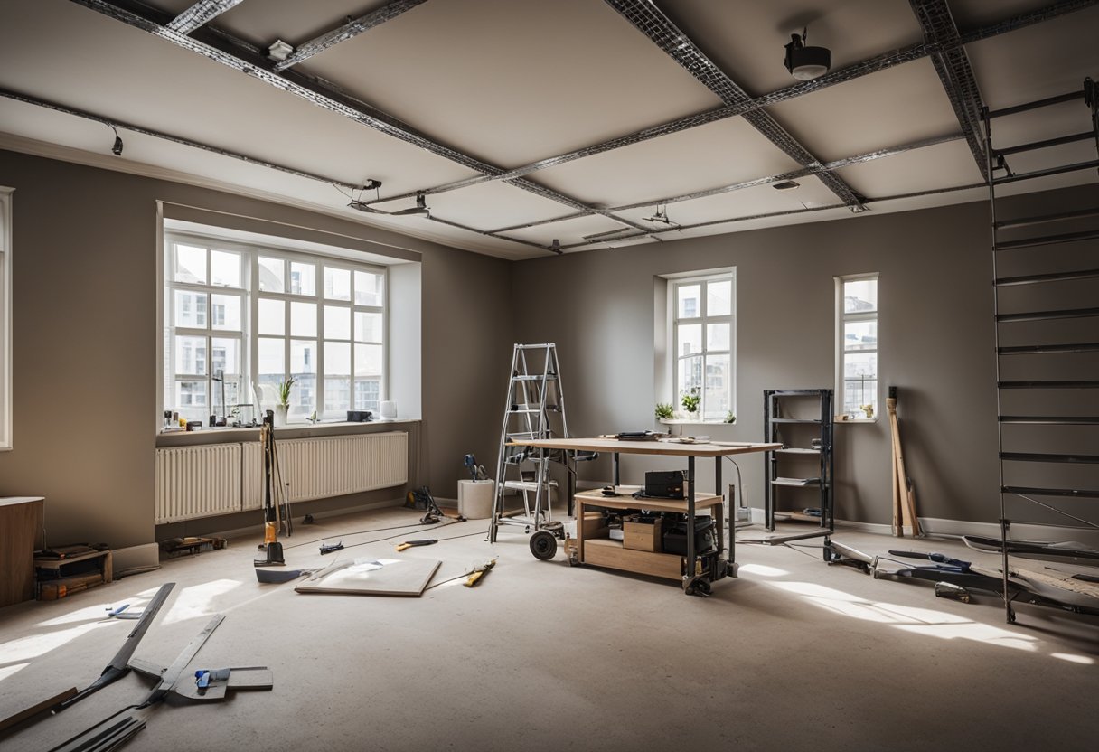 A small living room with a suspended grid ceiling being renovated, tools and materials scattered around, ladders and scaffolding set up for workers to access the ceiling