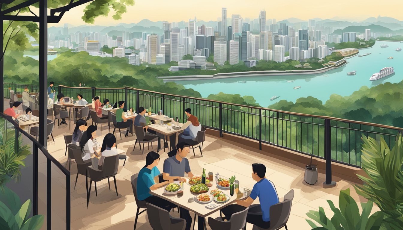 A bustling restaurant on Mount Faber, with outdoor seating overlooking the city skyline and lush greenery. A mix of locals and tourists enjoy a variety of dishes and drinks