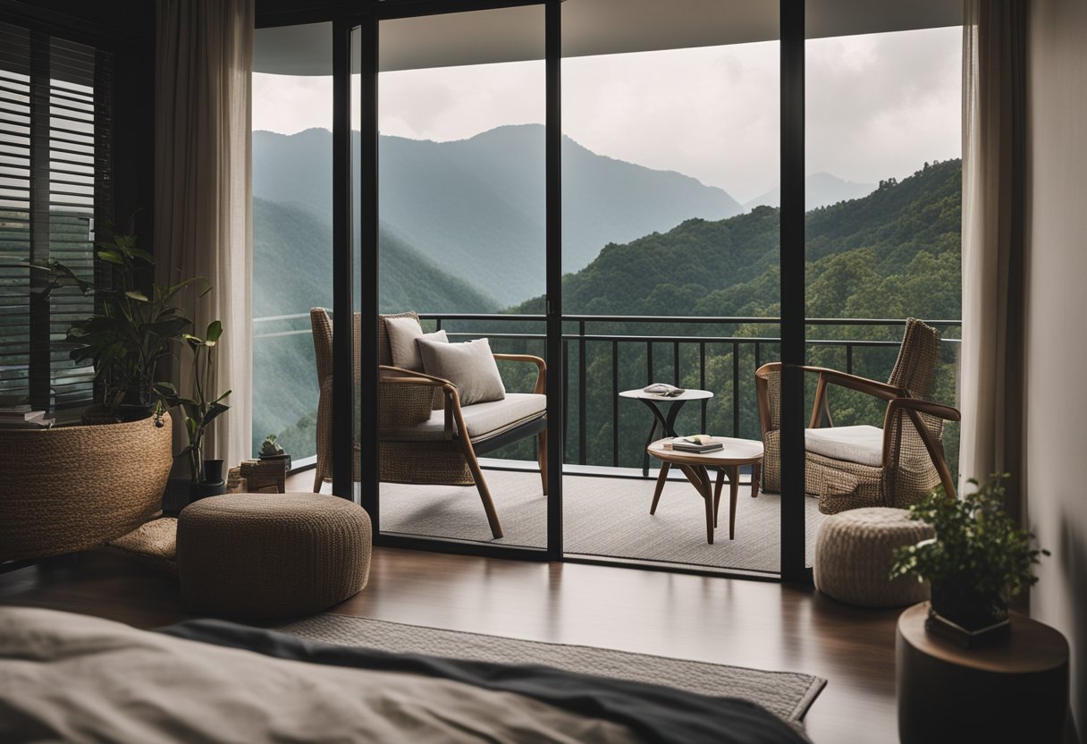A cozy bedroom with a spacious balcony overlooking a scenic view of nature