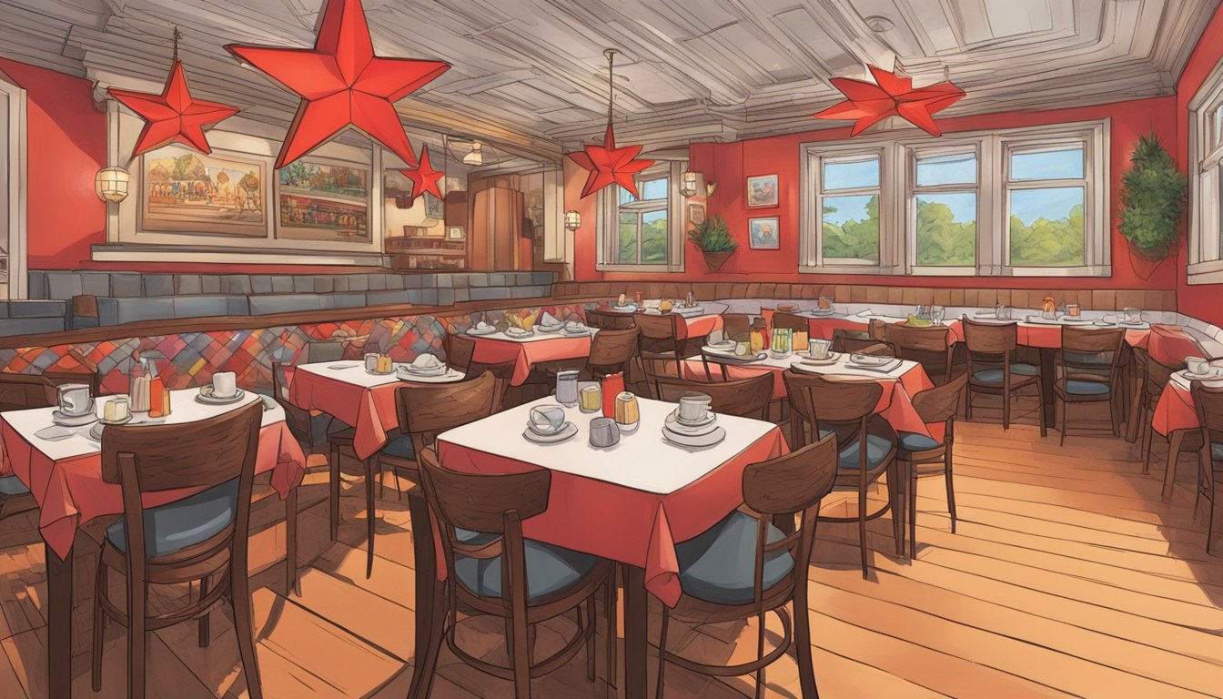 The red star restaurant is bustling with diners. The exterior is adorned with a large, glowing red star sign, while the interior is filled with cozy booths and tables, and the aroma of delicious food fills the air