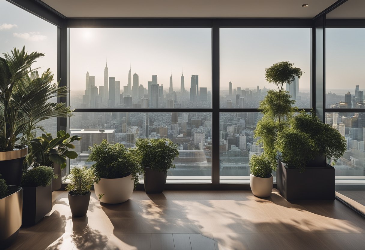 A sleek, modern kitchen balcony with minimalist furniture, potted plants, and a panoramic view of the city skyline