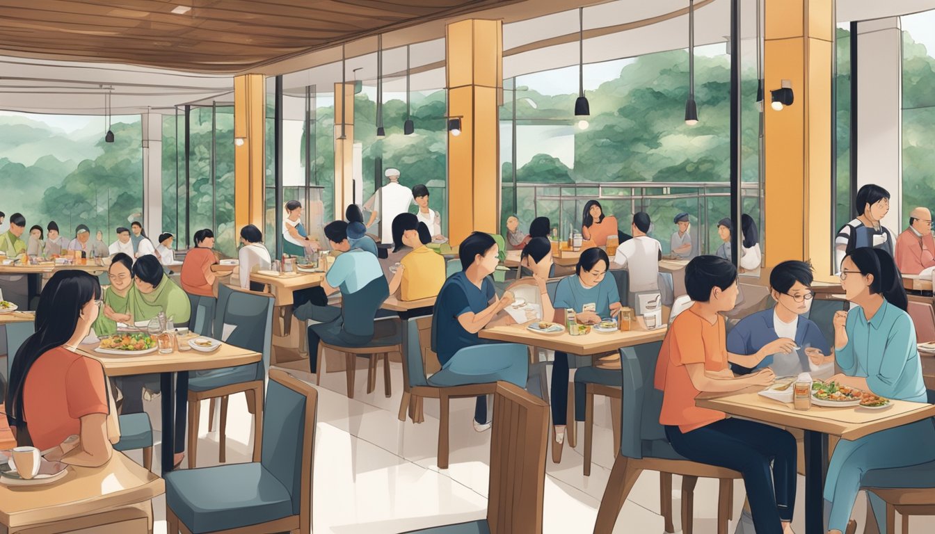 The bustling restaurant at Mount Faber is filled with customers enjoying their meals, while staff members attend to their needs and answer their questions