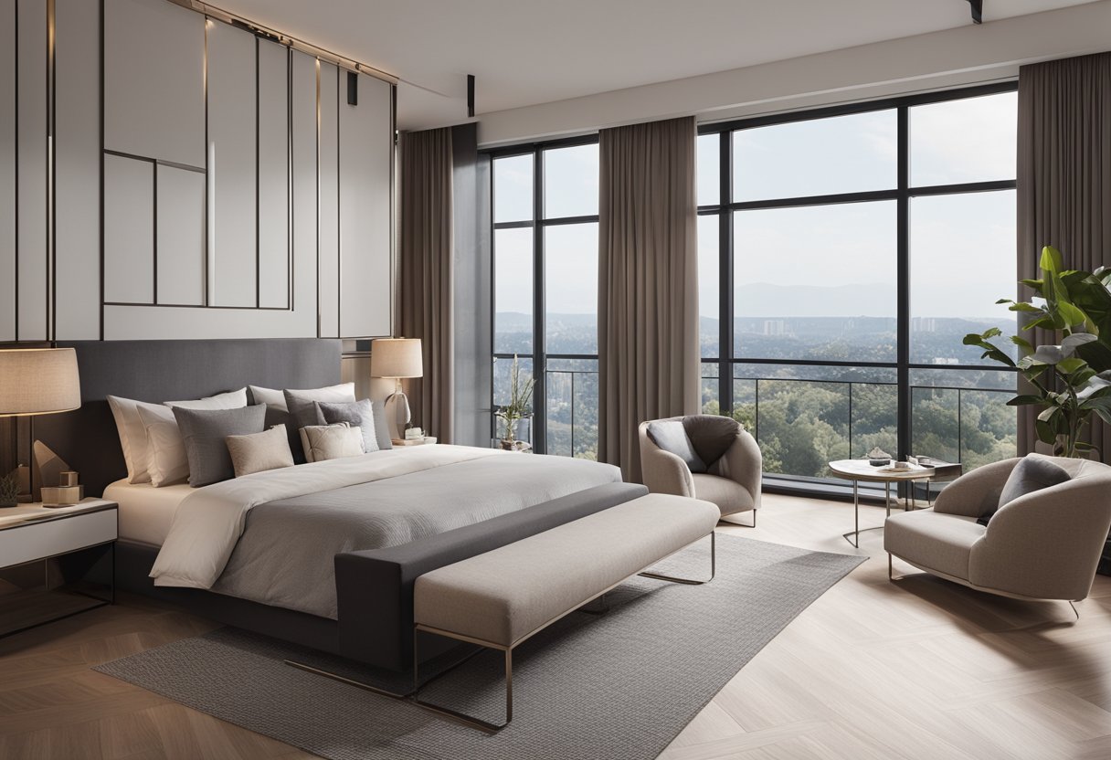 A spacious bedroom with a modern design, featuring a cozy bed, stylish furniture, and a private balcony with a scenic view