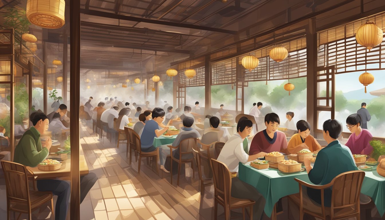A bustling restaurant with steaming bamboo baskets of dim sum on tables, diners enjoying the array of savory and sweet delicacies