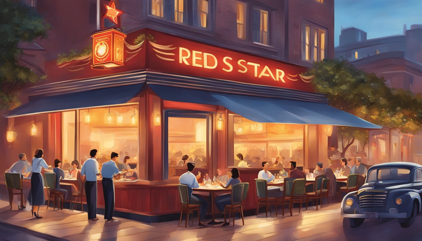 The red star restaurant glows with warm lighting, bustling with diners and waitstaff. The aroma of sizzling food fills the air