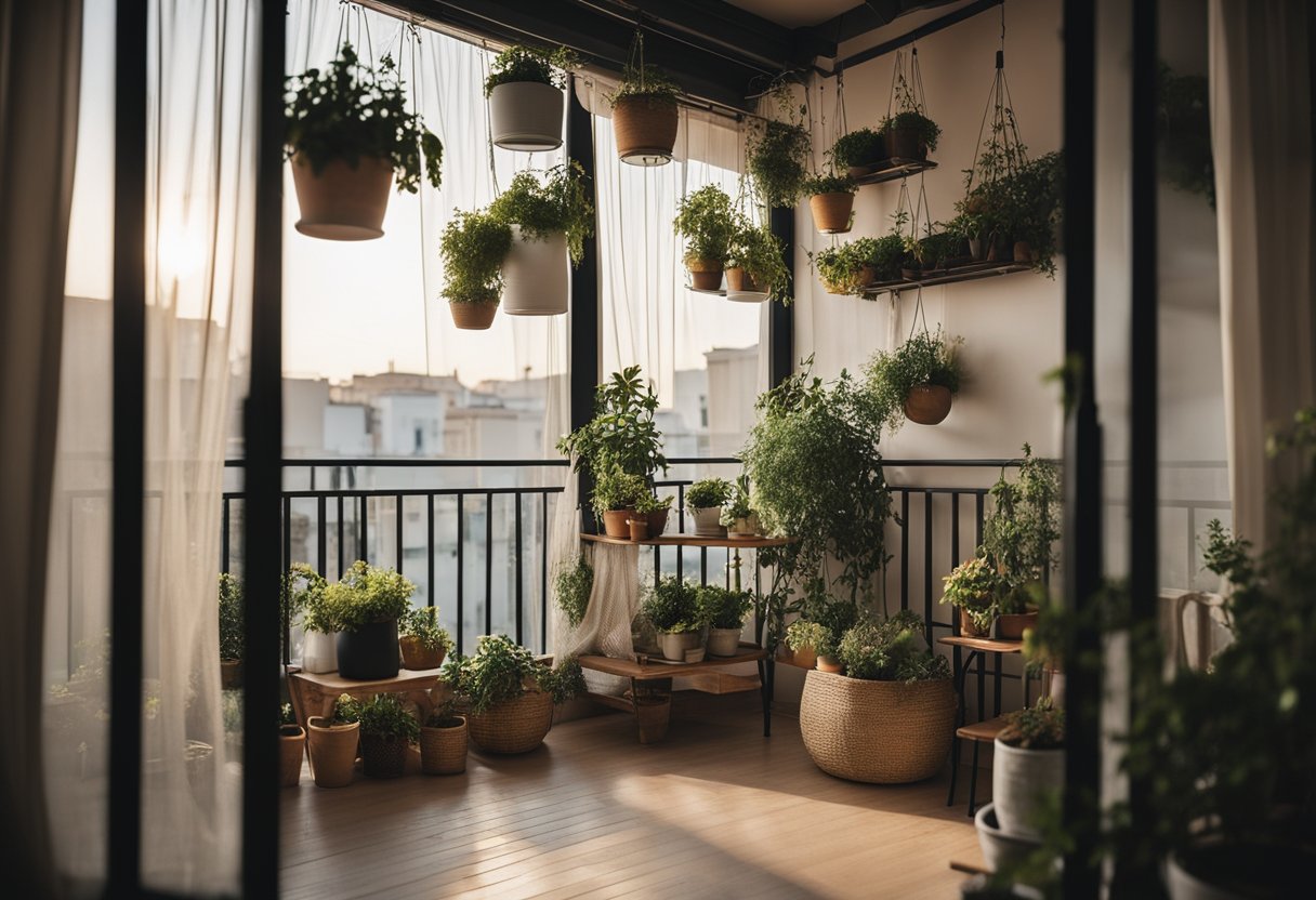 A cozy kitchen balcony with hanging string lights, potted plants, and sheer curtains for privacy