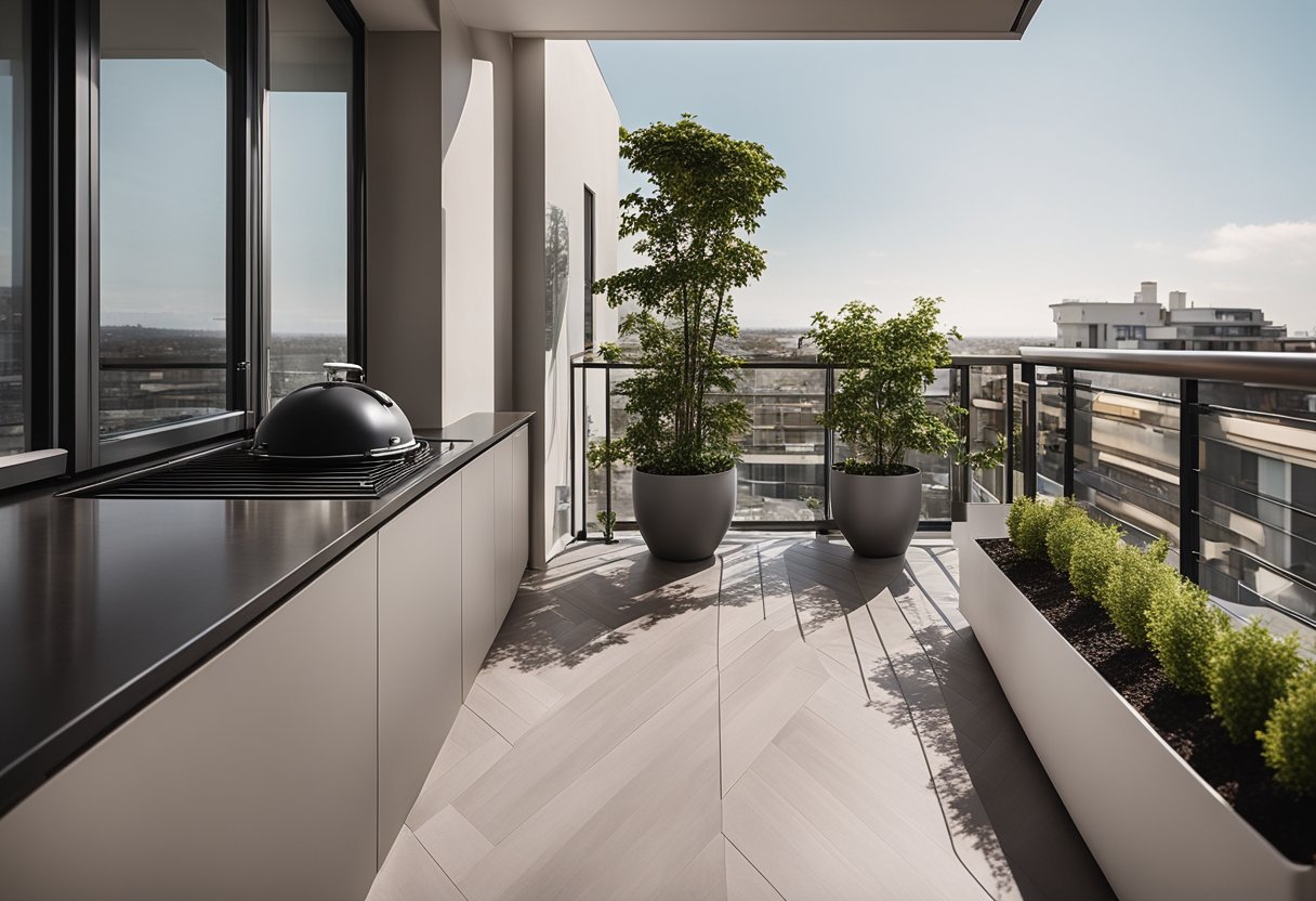 A modern kitchen balcony with sleek, minimalist design features, including a built-in grill, cozy seating area, and potted plants