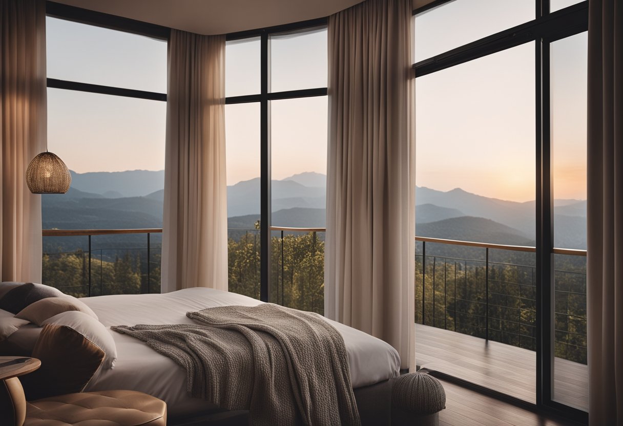 A cozy bedroom with a balcony overlooking a serene landscape, featuring a comfortable bed, a stylish nightstand, and a cozy reading nook with a plush armchair