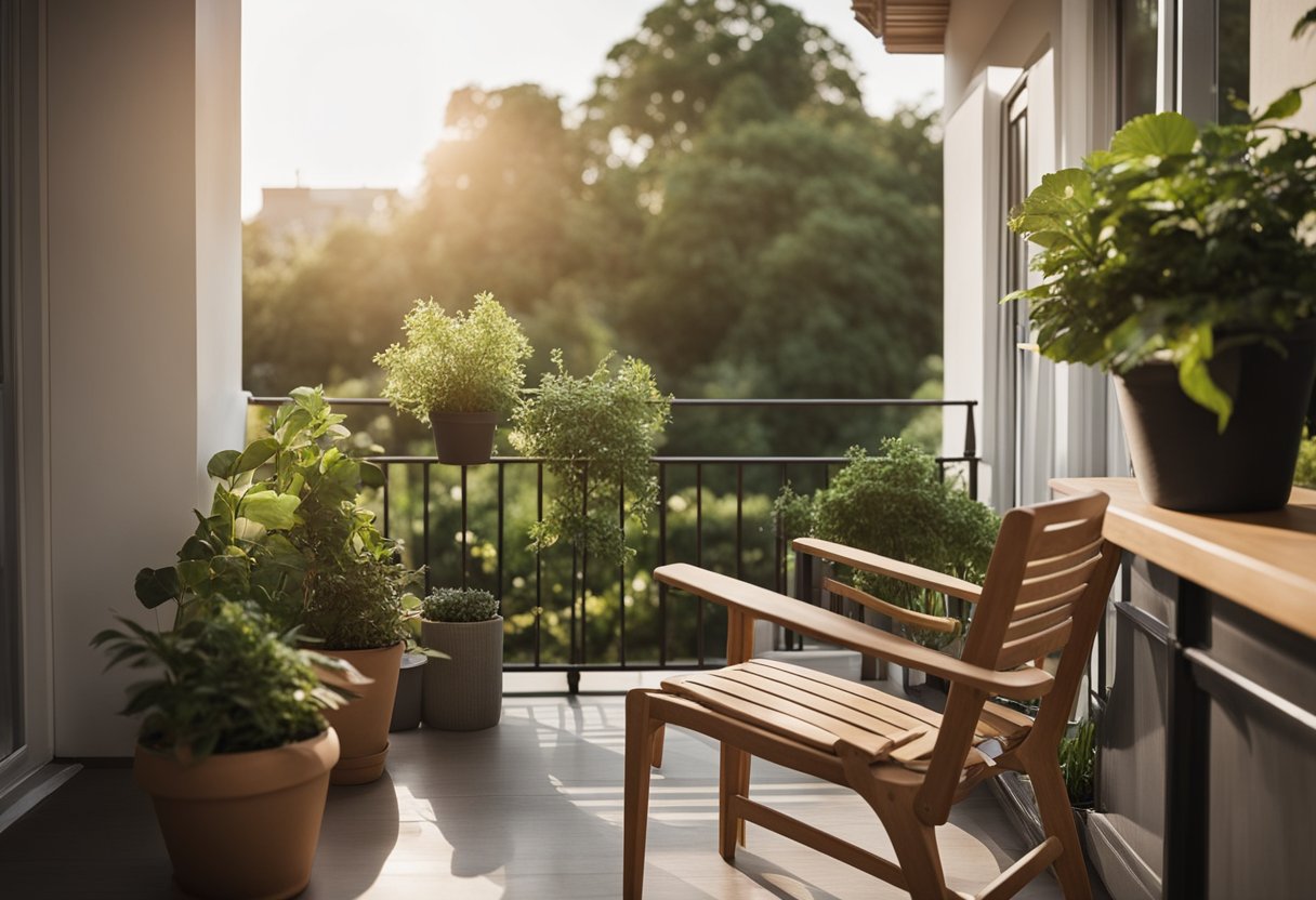 A small, rectangular balcony with a wooden railing, potted plants, and a cozy chair. The balcony overlooks a peaceful garden with lush greenery