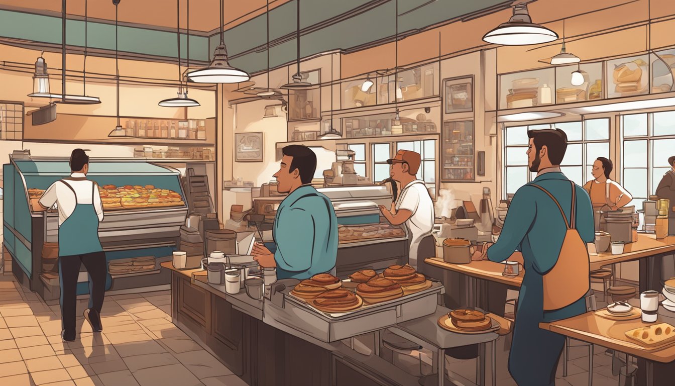 A bustling breakfast restaurant with steaming coffee, sizzling bacon, and freshly baked pastries on display. Customers chat and laugh while waiters hurry between tables
