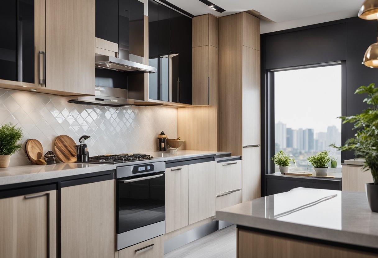 An L-shaped modular kitchen with sleek cabinets, granite countertops, and stainless steel appliances. A large window lets in natural light, illuminating the modern design