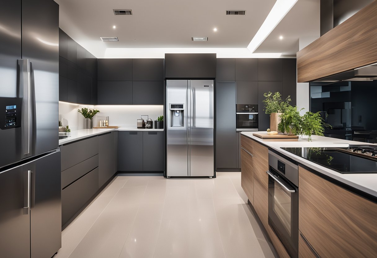 An L-shaped kitchen with compact appliances and storage, utilizing space efficiently