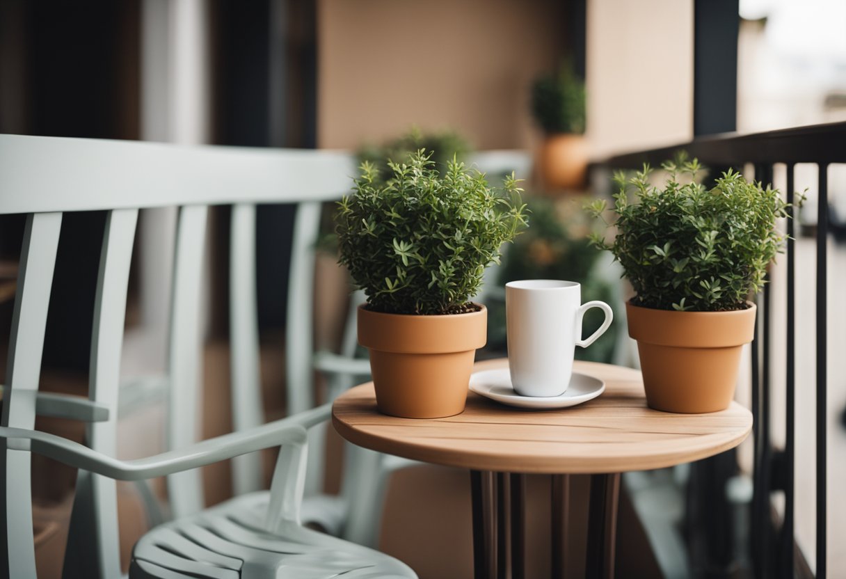 A cozy balcony with potted plants, comfortable seating, and soft lighting. A small table holds a cup of coffee