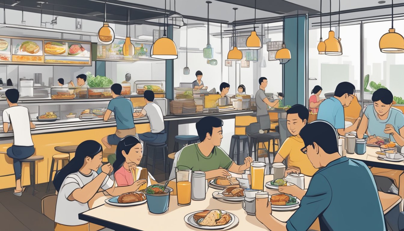 People enjoying local breakfast dishes at bustling Singaporean cafes. A variety of traditional and modern breakfast options on display