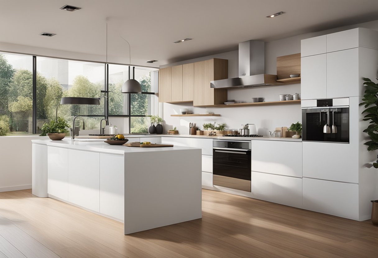 A spacious L-shaped kitchen with sleek countertops, modern appliances, and ample storage. Bright natural light streams in through large windows, illuminating the clean, minimalist design