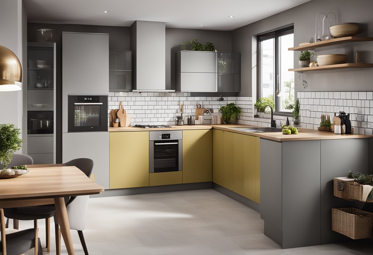 An L-shaped kitchen with efficient storage, sleek appliances, and a functional layout for small spaces
