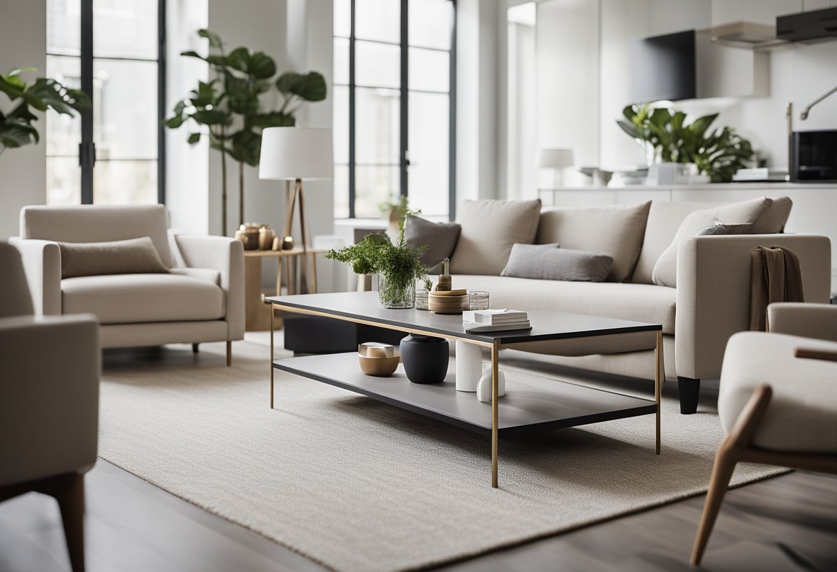 A modern living room with a sleek, minimalist coffee table design. Clean lines and a neutral color palette create a contemporary and inviting space