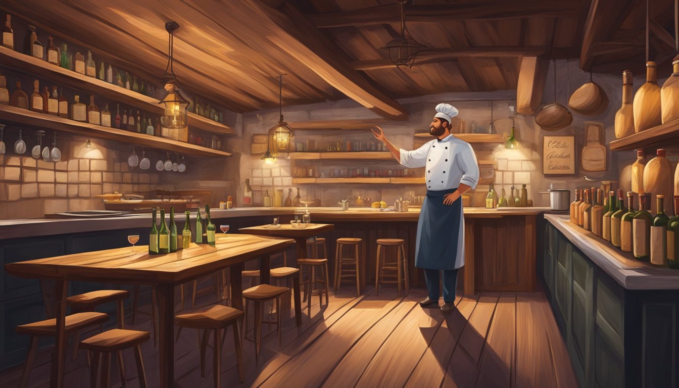 A cozy Italian restaurant with dim lighting, rustic wooden tables, and a wall adorned with vintage wine bottles. A chef can be seen through the open kitchen, creating mouthwatering dishes