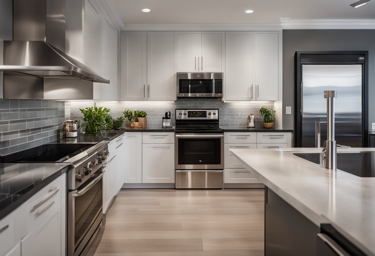 An L-shaped kitchen with sleek, modern design, featuring stainless steel appliances, granite countertops, and minimalist cabinetry