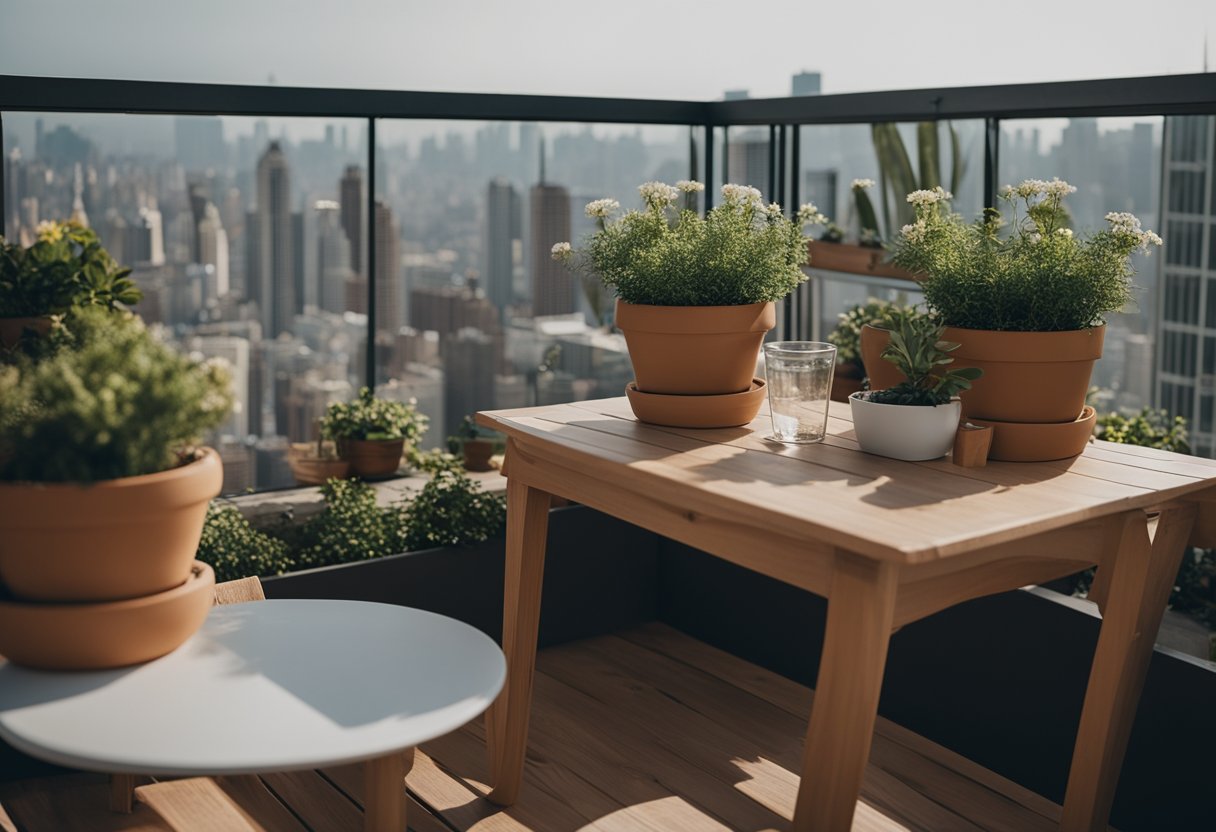 A cozy balcony with potted plants, foldable furniture, and a small bistro table overlooking a city skyline