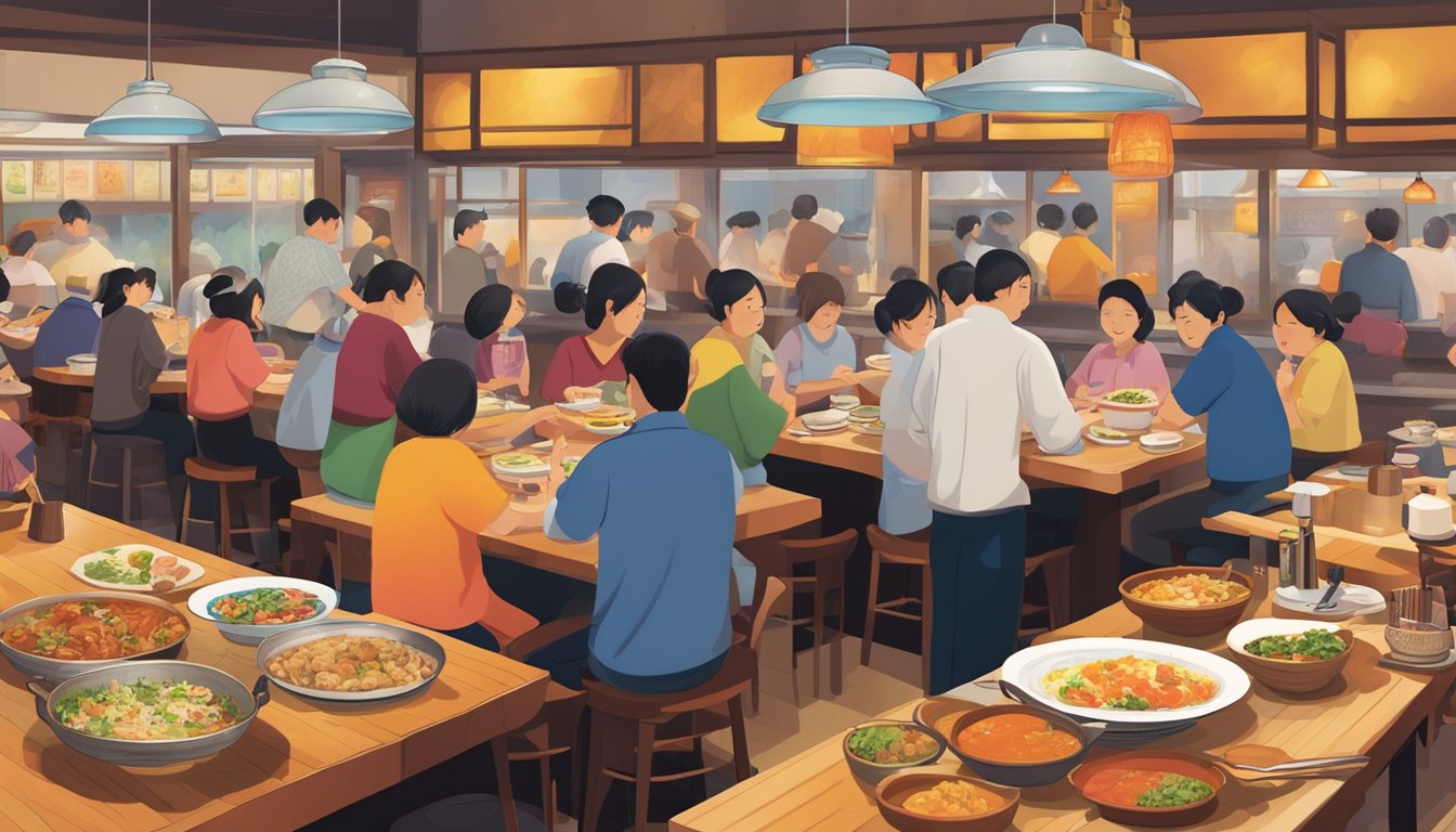 Irodori's restaurant: vibrant, bustling with activity. Colorful dishes line the tables, steam rising from hot plates. The aroma of sizzling meats and savory sauces fills the air. Customers chat and laugh, enjoying the authentic experience