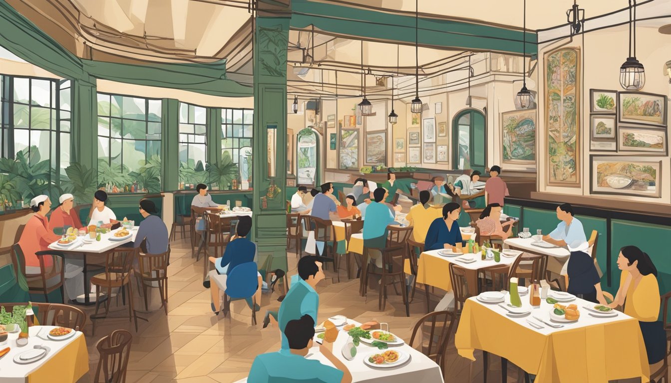 A bustling Italian restaurant in Singapore, with diners enjoying authentic cuisine and vibrant decor. The menu features popular dishes, creating a lively and inviting atmosphere