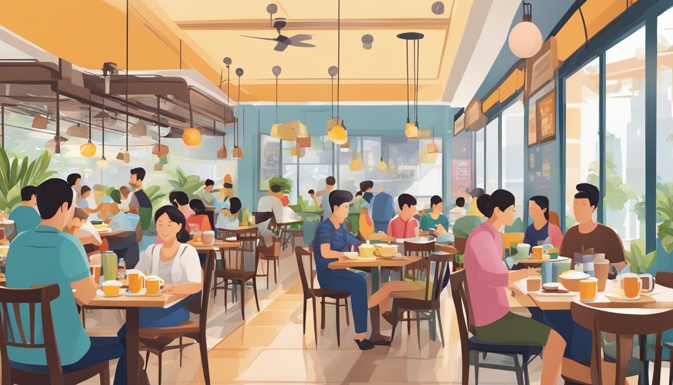 A bustling breakfast restaurant in Singapore, filled with colorful dishes and aromatic coffee, with patrons enjoying their meals at cozy tables