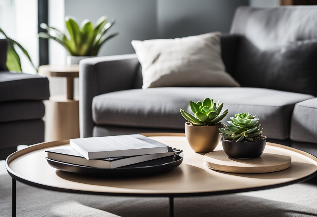 A modern coffee table with a stack of design books, a decorative tray, and a succulent plant in a minimalist living room setting