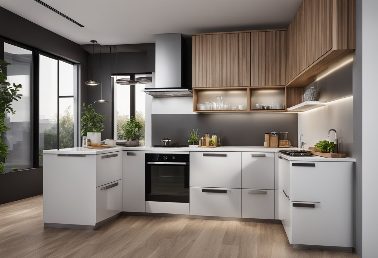 A sleek L-shaped modular kitchen with optimized space, stylish cabinets, and efficient layout