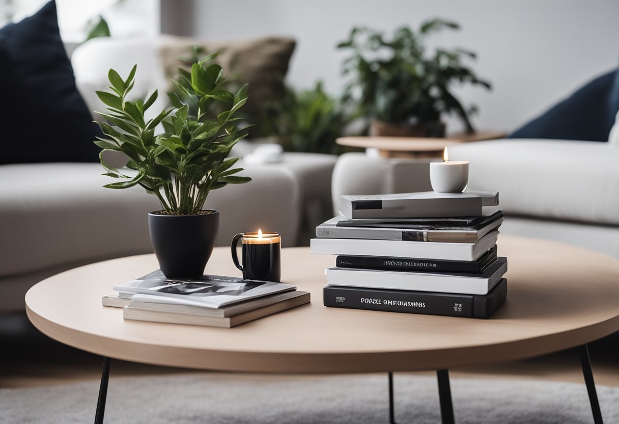 A modern living room with a sleek coffee table featuring a stack of neatly organized magazines and a decorative tray with a small plant and a scented candle